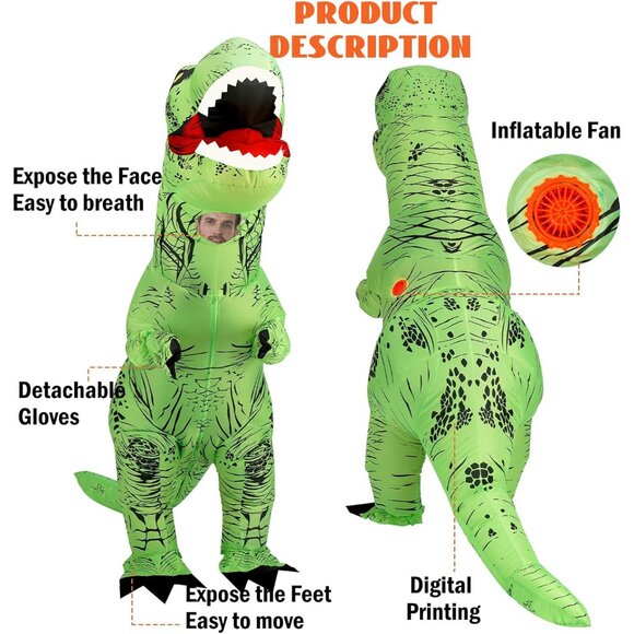 Inflatable Dinosaur Costume，T-Rex Dinosaur Costume Blow up T-Rex Funny Fancy Inf - Picture 3 of 7